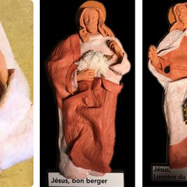 Détail de Jesus Bon berger. 4 Saints sont représentés : Jésus Bon berger, Jésus Lumière du monde, St Barthélémy et St Jean. Ajout d'accessoires tel que le mouton (laine+découpe laser) ou la lanterne, la peau, le livre,…