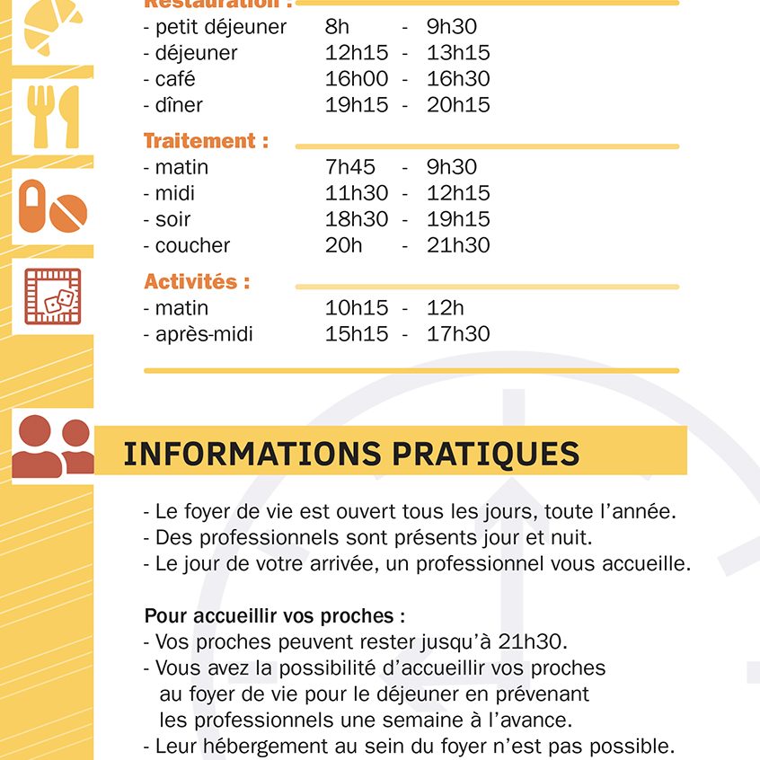fiche n°1 concernant les horaires et les informations pratiques. De couleur jaune. Elle gaie et claire