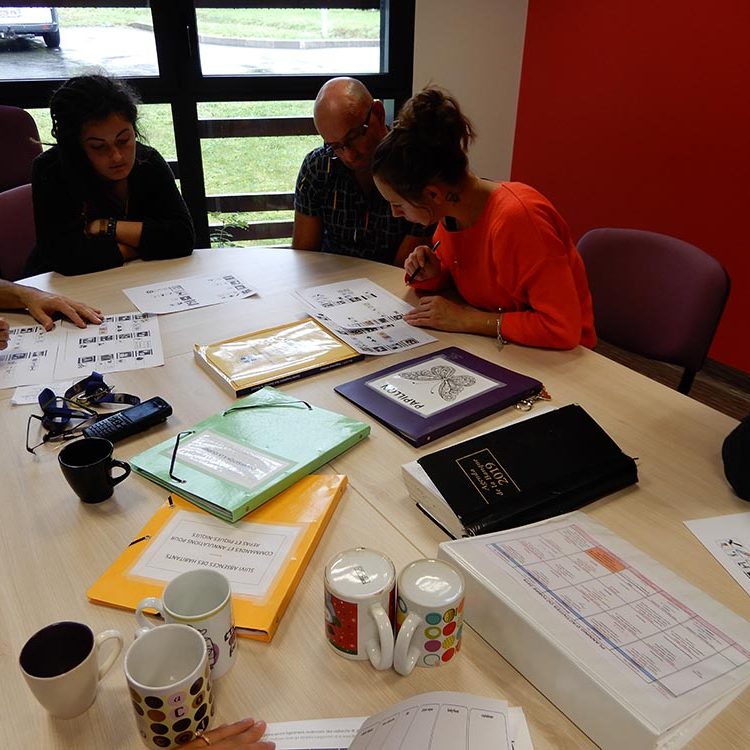 Groupe de professionnels en réunion d'étude des supports présentés par Idéographik