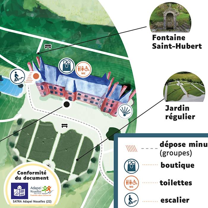 La vignette présente un détail du plan du château de Trévarez montrant le travail d'accessibilité avec une carte bien lisible, des précisions à l'aide de photographie zoomée et la certification FALC