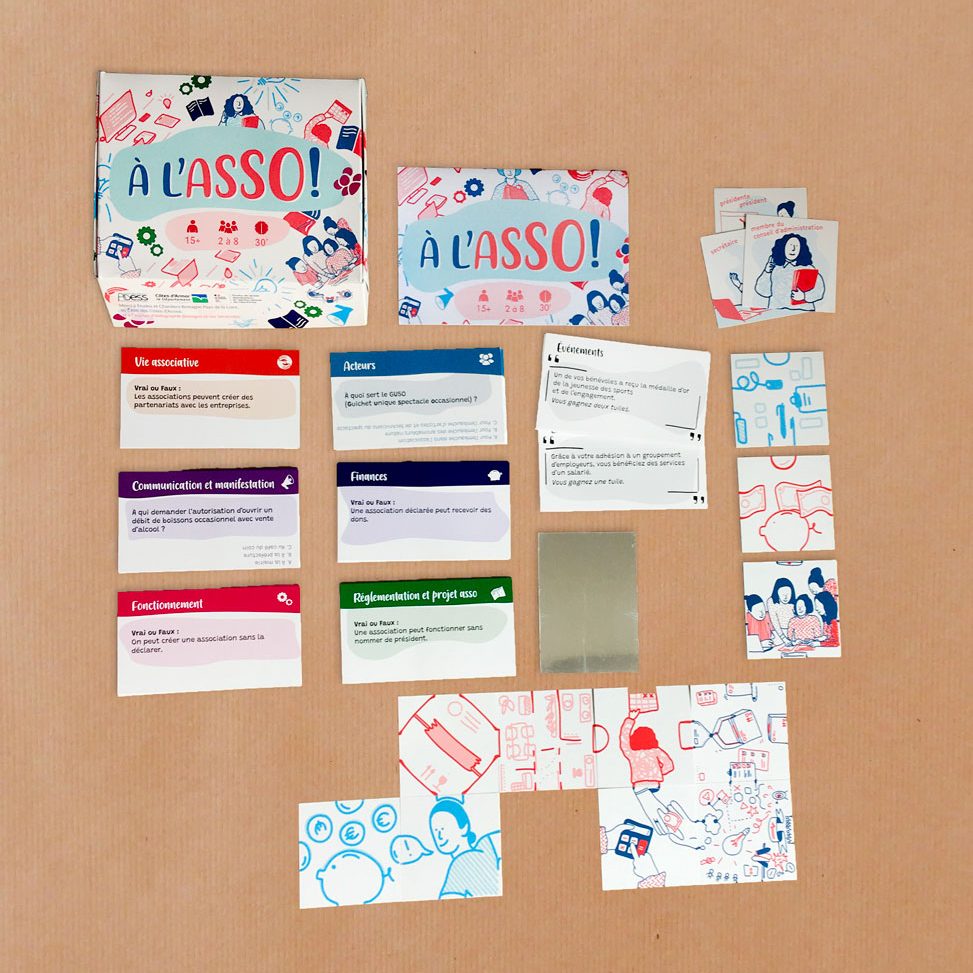 JEU à l’ASSO présentation de l’ensemble du contenu (règles, miroir, cartes sablier, tuiles)