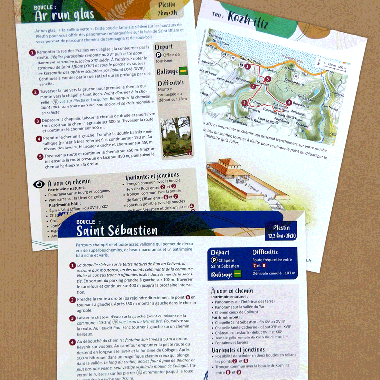 Chemin plestinais de randonnées – série de fiches présentées au recto. Toutes les fiches sont organisées de la même manière avec des zones d’informations à la fois élégantes et à la fois suffisamment distinctes des unes des autres.