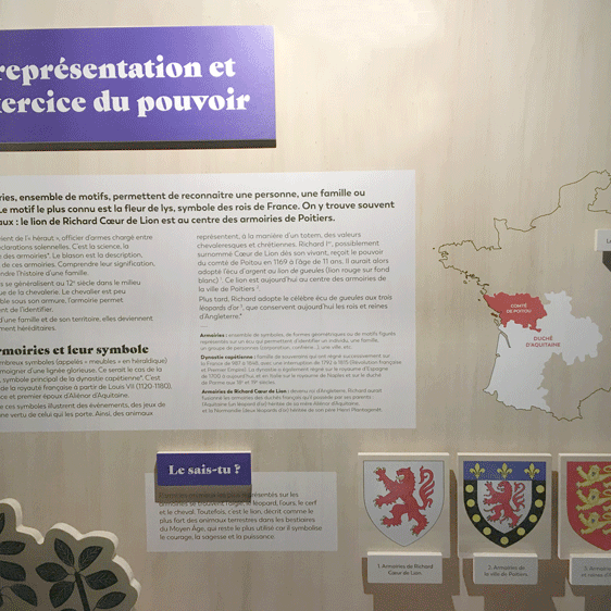 Palais de Potiers – exposition Les animaux du Prince, panneaux présentant différents éléments de lecture mis en relief par des panneaux détachés du panneau principal comme des carreaux décollés de l’arrière-plan. Ils présentent le titre principal, le texte, un glossaire, des iconographies et leurs légendes et particulièrement pour ce panneau des éléments graphiques complémentaires : les différents blasons et leurs évolutions, une carte présentant le comté du Poitou et le duché d’Aquitaine.