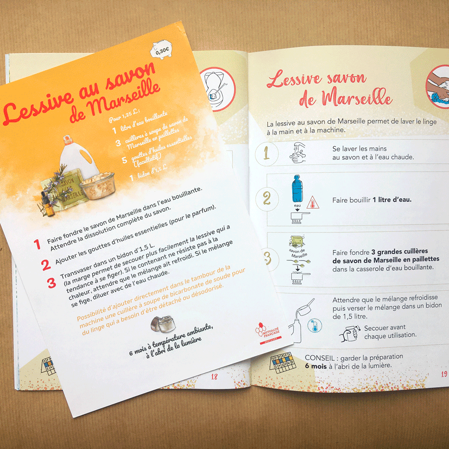 MUTUALITE livret de recettes FALC, chaque page de recette comprend une illustration de l'usage, exemple de mise en situation comme quelqu'un qui applique de la crème sur son visage et une recette en pas à pas avec une illustration à chaque étape. Ainsi les personnes ne sachant pas lire, peuvent tout à fait suivre la recette