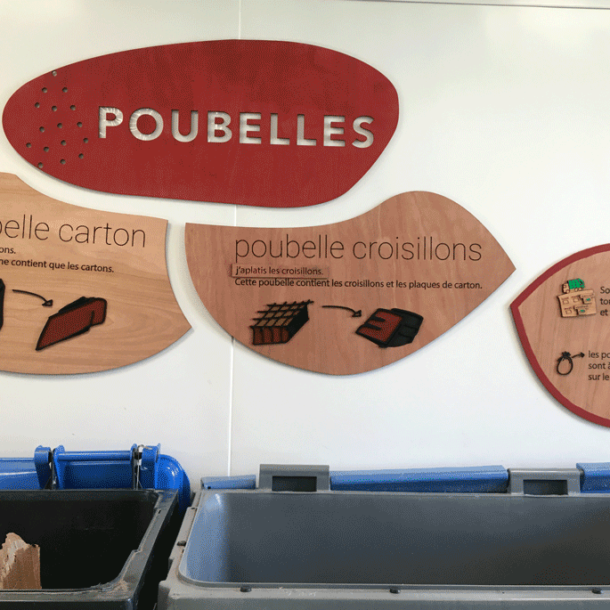 EMERAUDE ID signalétique au dessus des conteneurs à poubelles. Le panneau enseigne associe l'intitulé : Poubelle à une couleur et une forme faite de petit point. Cette forme est présente dans la charte graphique d'Endro. En dessous 3 panneaux permettant d'expliquer de manière synthétique et graphique l'usage des deux conteneurs et l'obligation de rangement dans la semaine.Mot clé : design-inclusif signalétique-accessible design-d'espace