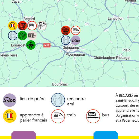 Bear solidarité bénévole et migrant document réalisé par les migrants donnant quelques précisions sur l'usage des transports entre Bégard Guingamp et Lannion.
