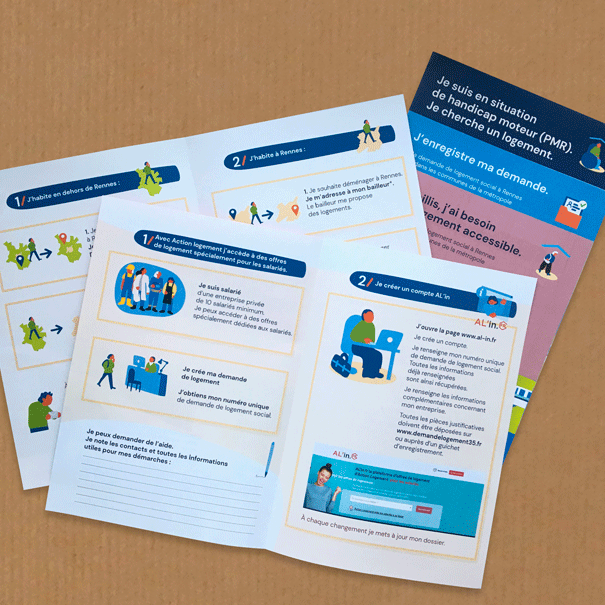 Livret thématique sur le logement réalisé sur les principes du FALC Facile à lire et à comprendre. Ces fascicules expliquent les différentes étapes dans les demandes de logement sociaux à Rennes.