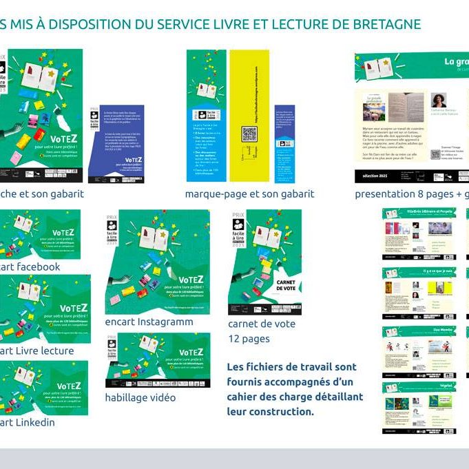 Inventaire de tous les supports de communication développés pour l'identité graphique du prix facile à lire Bretagne 2025 : affiche, marque page, encart web, fiche de présentation des livres et carnet de vote