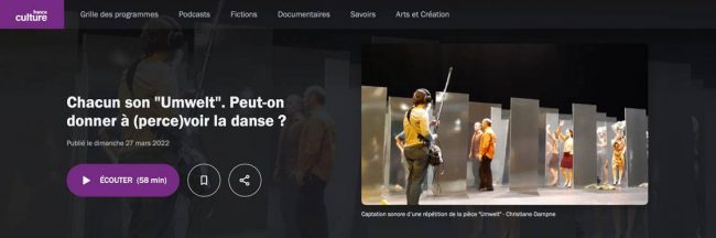 Capture d'écran du site de France culture présentant l'émission sur les spectacles de danse audiodécrit
