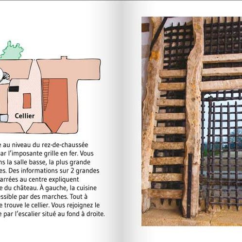 Double page du livret du château de la Roche Jagu, travaillé en co-création avec des publics déficient visuel, avec des troubles cognitifs et des habitués du château