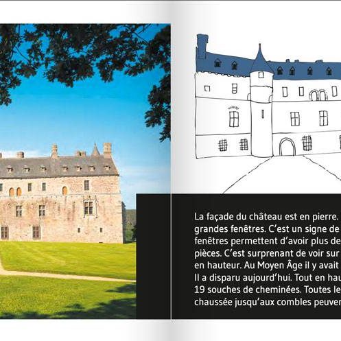 Double page du livret du château de la Roche Jagu, travaillé en co-création avec des publics déficient visuel, avec des troubles cognitifs et des habitués du château